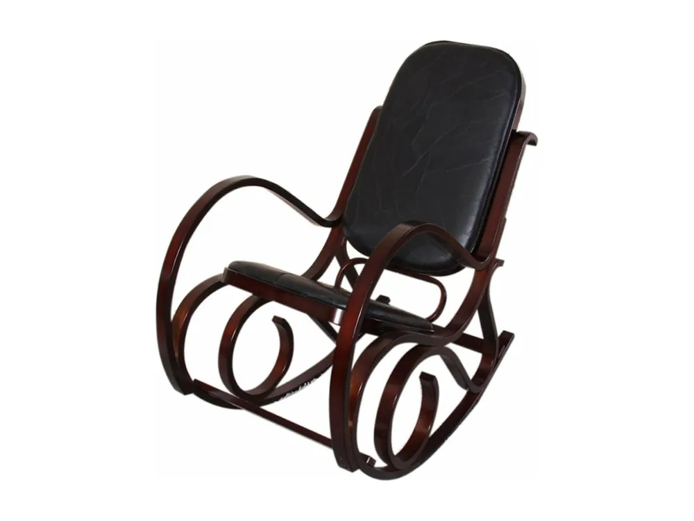 Silla mecedora rocking chair aspecto retro madera maciza aspecto nogal cuero patchwork negro FAB04010