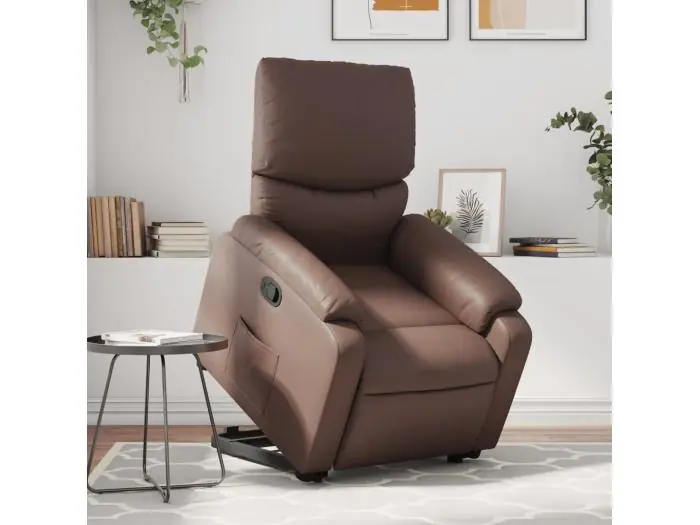Sillón reclinable elevable cuero sintético marrón YOE42601