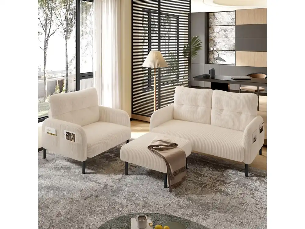 Conjunto de sofá beige - Sofá de 2 plazas y sofá de 1 plaza - con reposapiés y bolsillos laterales - Pana