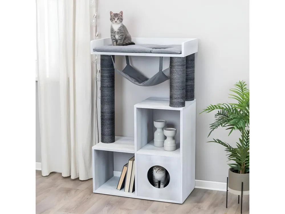 Poste rascador para gatos función de estante gris 72x38x110 cm