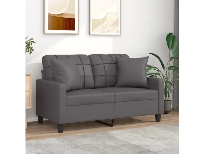 Sofá de 2 plazas con cojines cuero sintético gris 120 cm