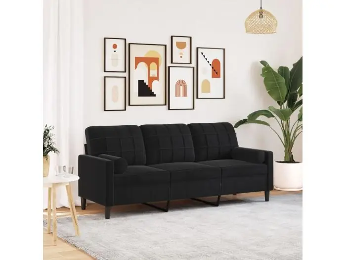 Sofá de 3 plazas con cojines terciopelo negro 180 cm