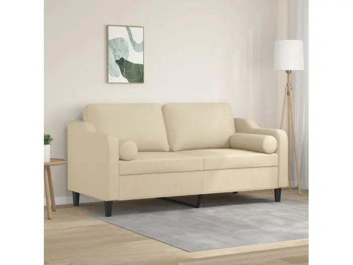 Sofá de 2 plazas con cojines tela color crema 140 cm