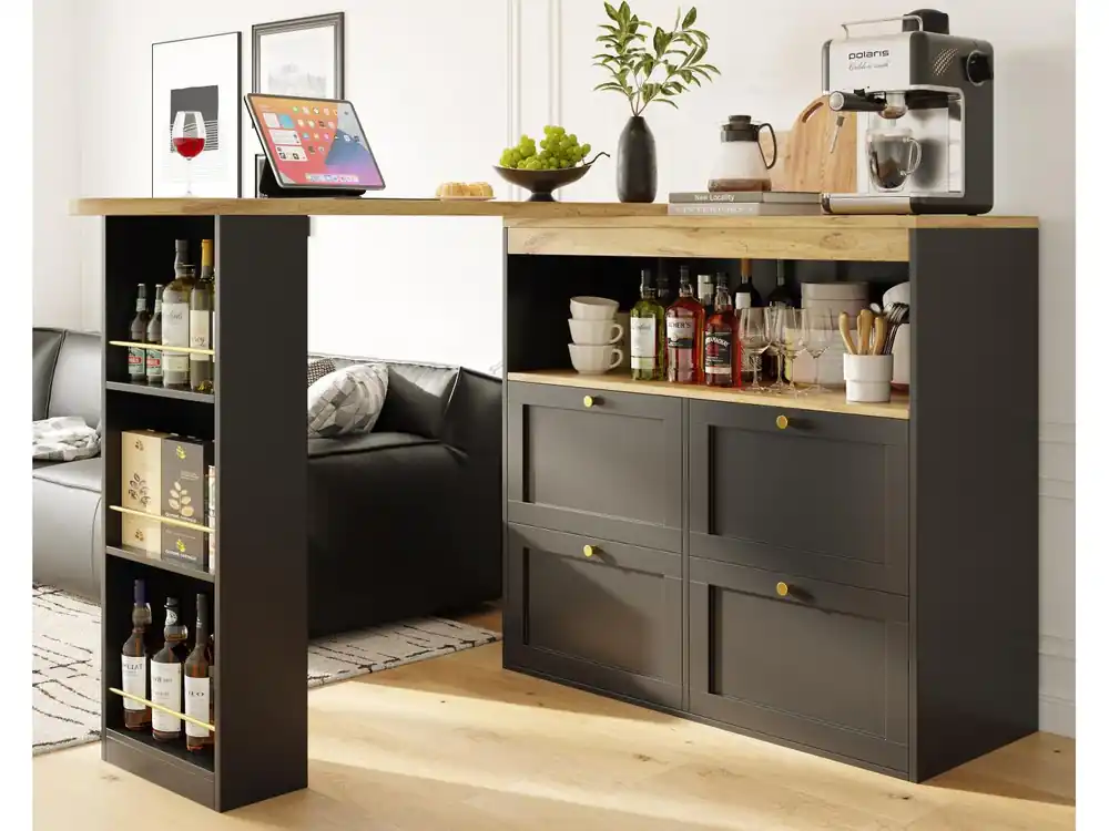 Aparador, Mueble bar giratorio y retráctil - 4 cajones y 4 compartimentos - Negro