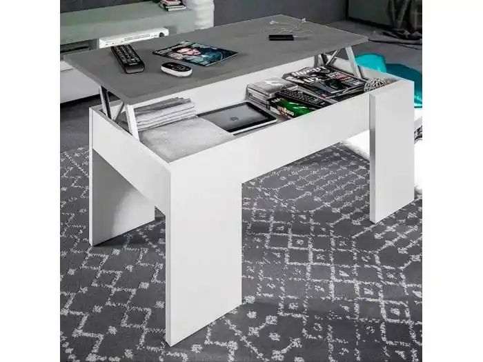 Meyvaser Mesa de Centro Elevable, para Salón o Comedor, Medidas 90 cm x 50 cm x 46-57 cm, Acabado en Color Madera Blanca con Tapa Gris Piedra