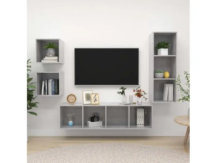 4 pzas Muebles TV madera ingeniería gris hormigón YOE68962